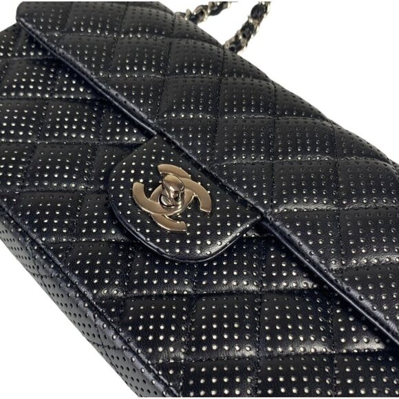 Chanel East West Classic Shoulder Flap Bag Black Quilted Perforated Leather - Picture 16 of 16